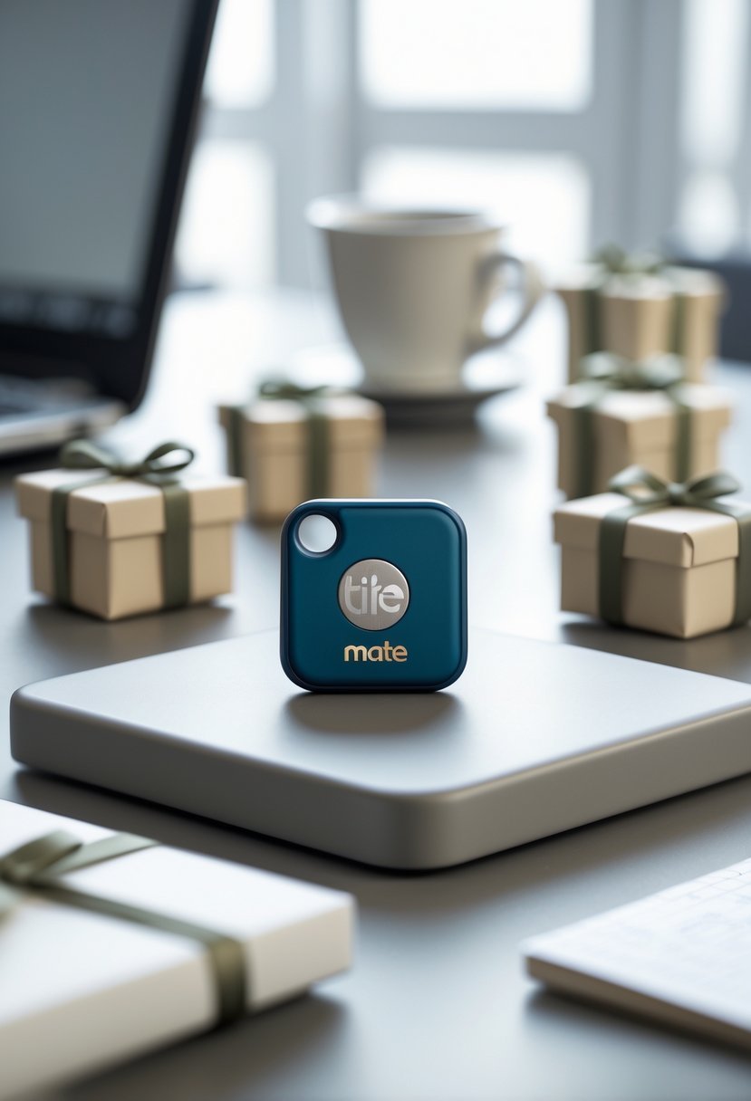 Tile Mate Bluetooth tracker on an office desk surrounded by small wrapped gift boxes with office items in the background.