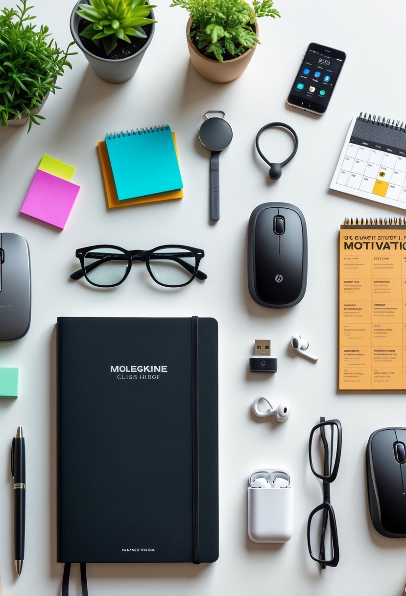 A flat lay of a Moleskine Classic Notebook surrounded by various small gift items including a pen, coffee tumbler, sticky notes, desk plant, glasses, phone charger, keychain, earbuds, and desk calendar on a white desk.