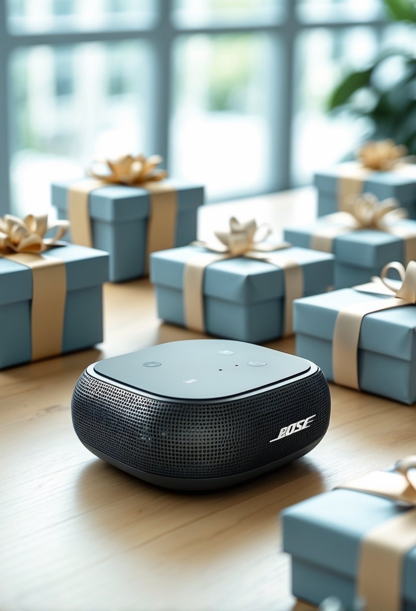 A Bose SoundLink Micro Speaker on a wooden desk surrounded by small wrapped gift boxes in an office setting.