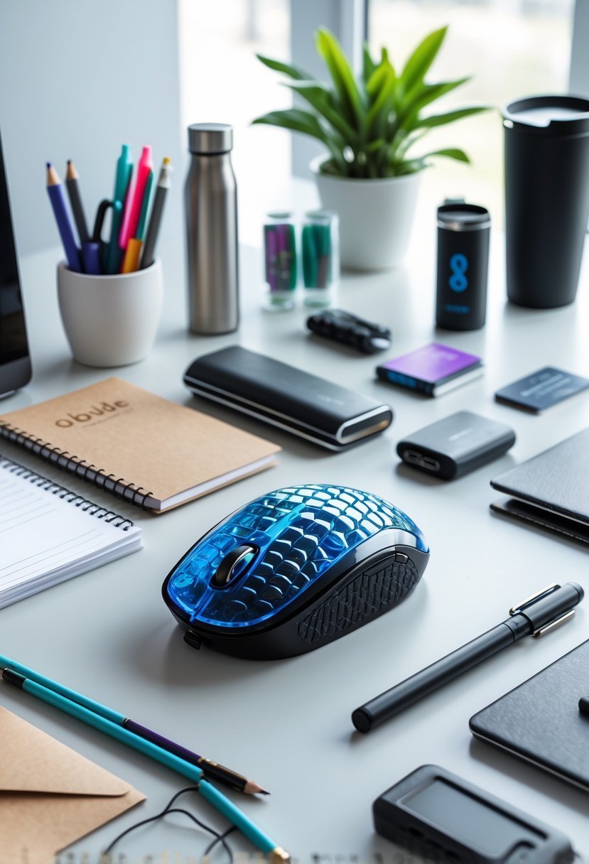 A Jelly Comb wireless mouse on an office desk surrounded by various small employee gift items under fifty dollars.