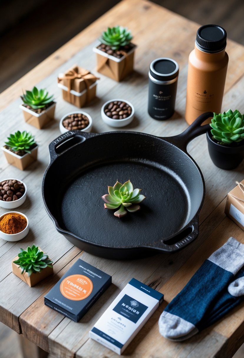A 6-inch cast iron skillet surrounded by ten small gift items arranged on a wooden surface.