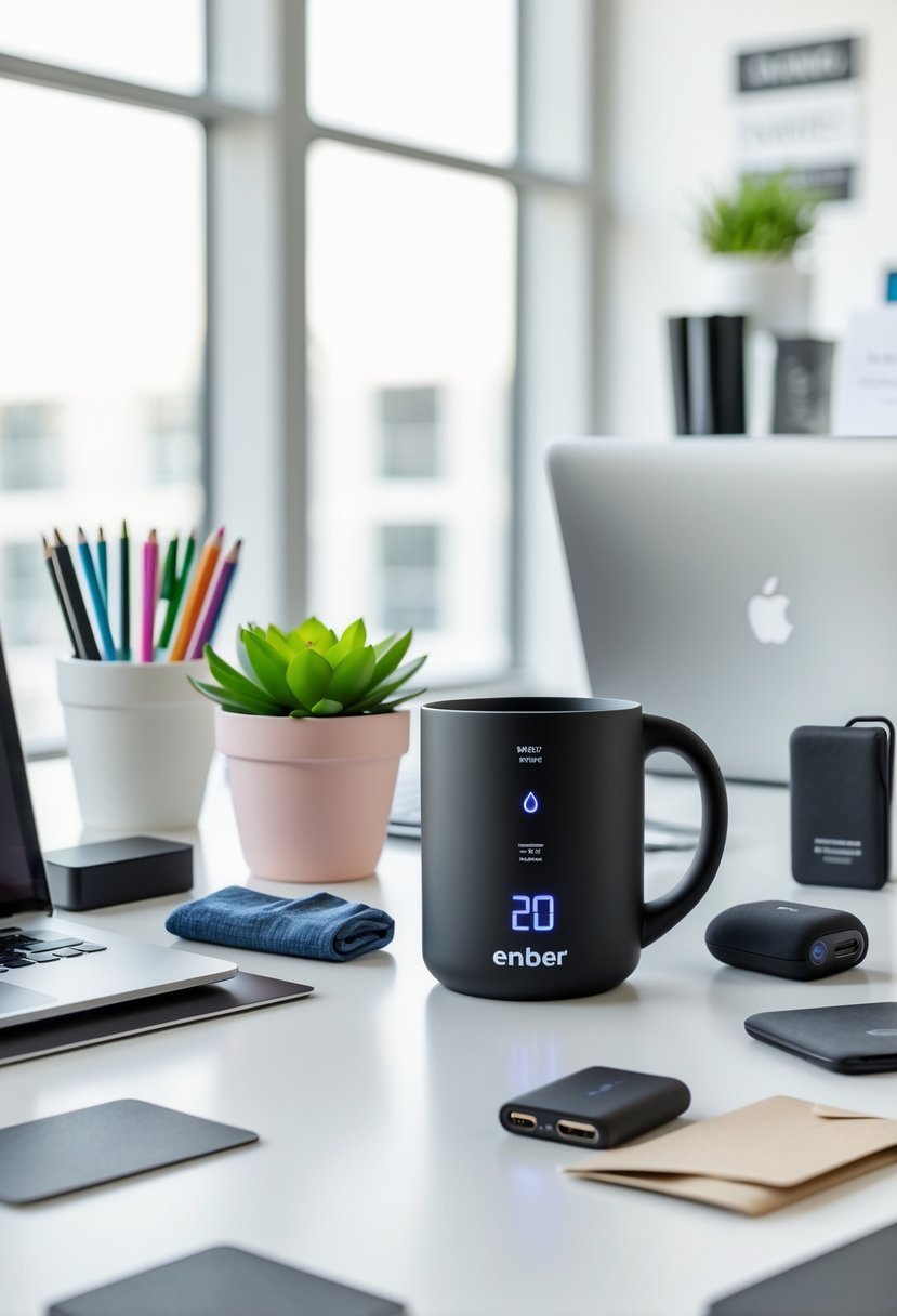 An Ember Temperature Control Smart Mug on an office desk surrounded by various small employee gift items under fifty dollars, with a bright office background.
