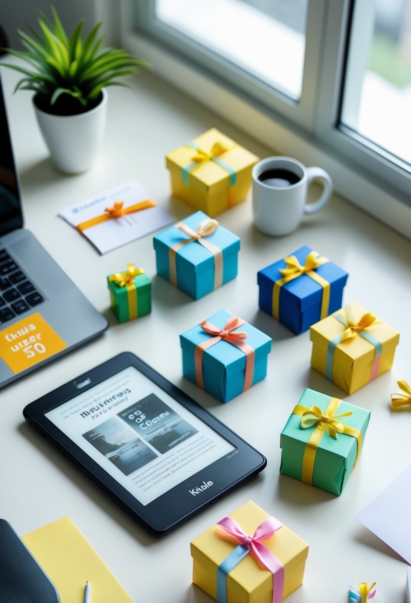 A desk with a Kindle e-reader and several small wrapped gift boxes arranged neatly in an office setting.