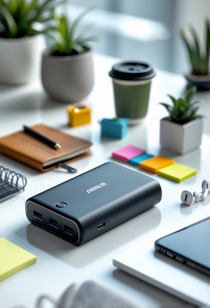 An Anker PowerCore portable charger displayed on a desk surrounded by various small gift items suitable for employees under fifty dollars.