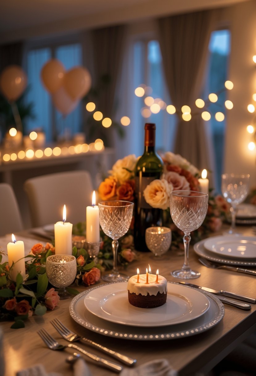 A cozy dining table set for an intimate candlelit birthday dinner at home with candles, flowers, wine, and a small cake.