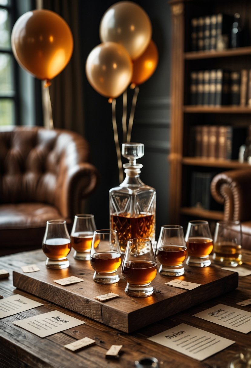 A cozy whiskey tasting setup with glasses, a decanter, and birthday decorations on a wooden table in a warm room.