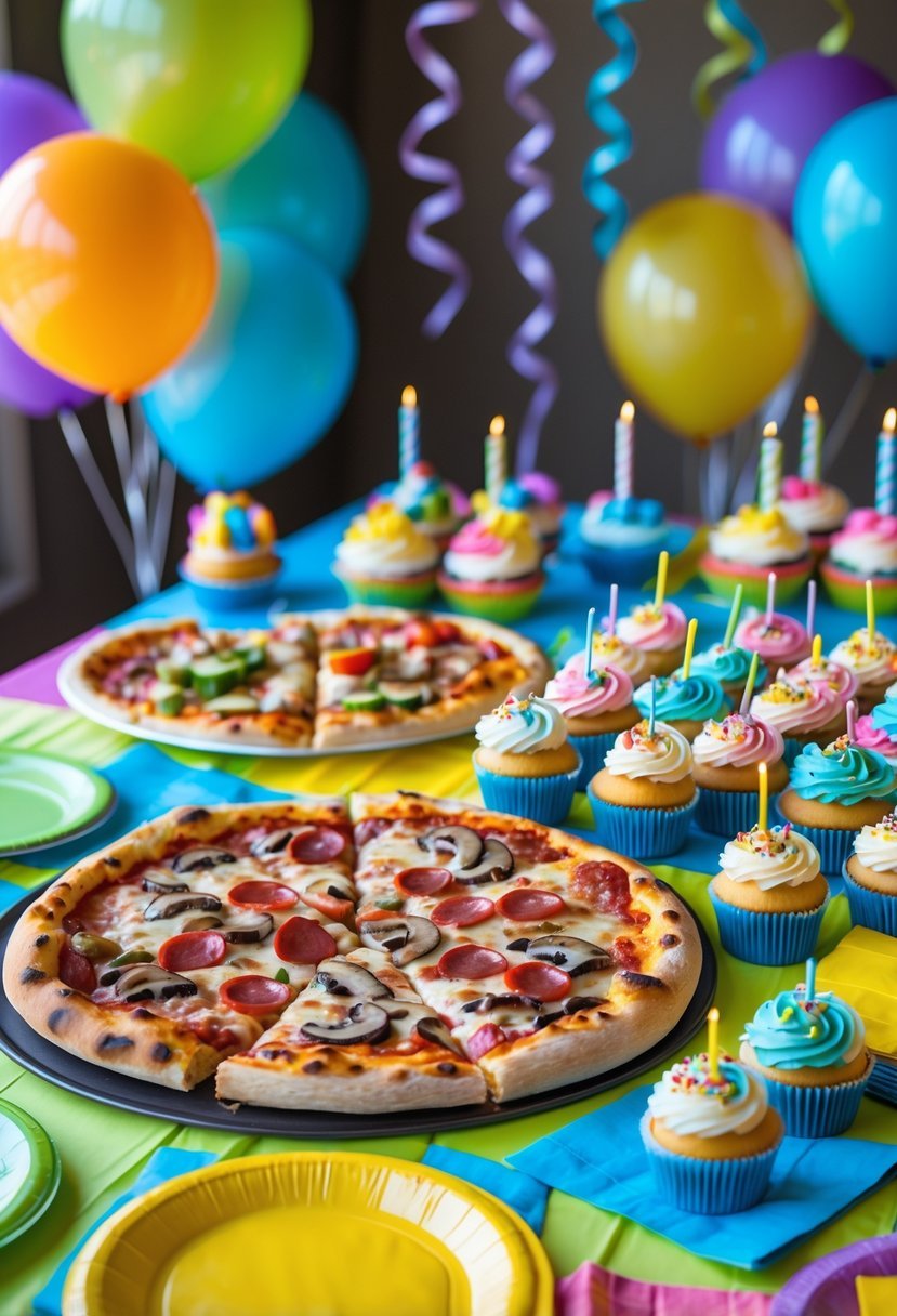 A snack table with pizza and decorated cupcakes set up for a birthday party with colorful decorations.