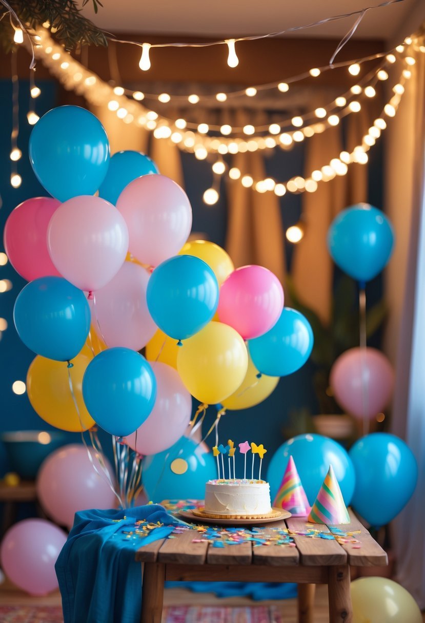 Indoor birthday party decorated with fairy lights and colorful balloons around a table with a birthday cake and party hats.