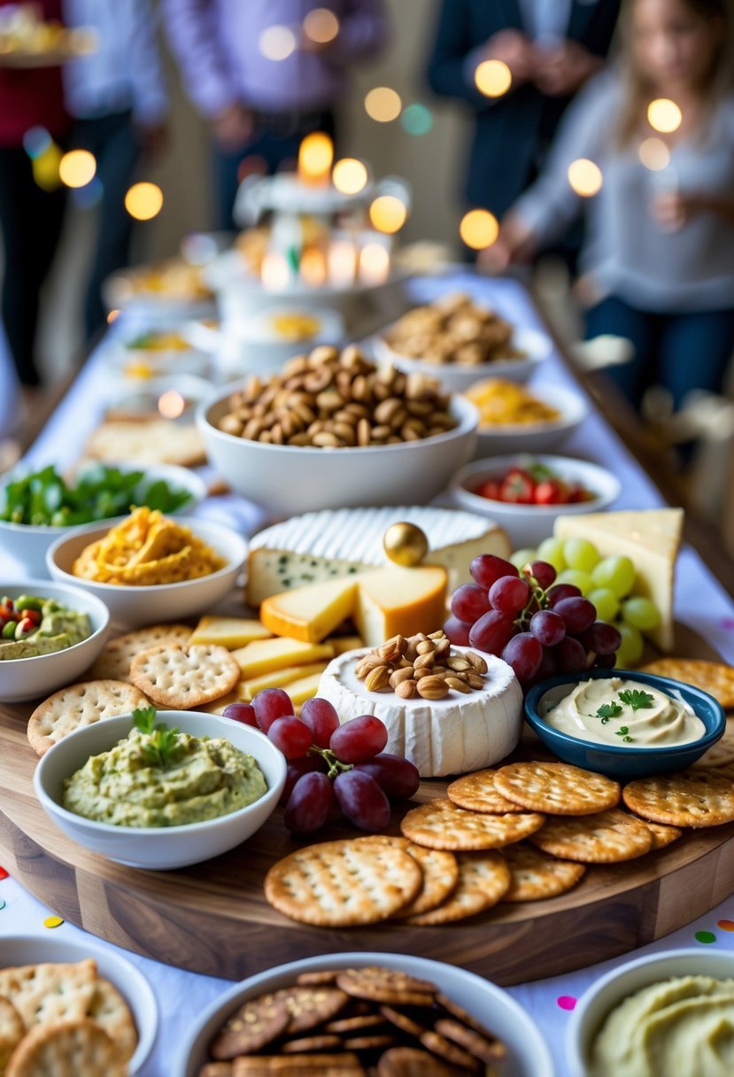 A birthday party table with a cheese platter, bowls of dips, and subtle decorations.