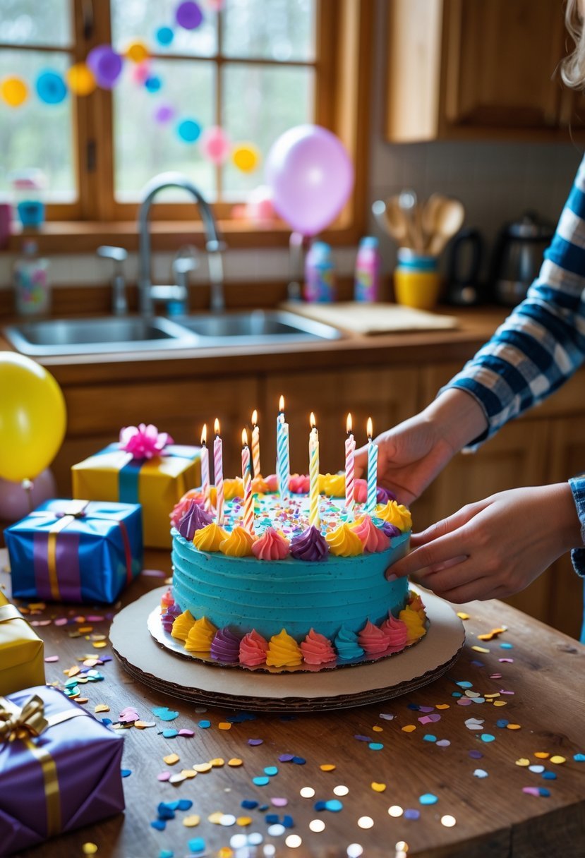 A decorated birthday cake on a table surrounded by party decorations in a kitchen setting.