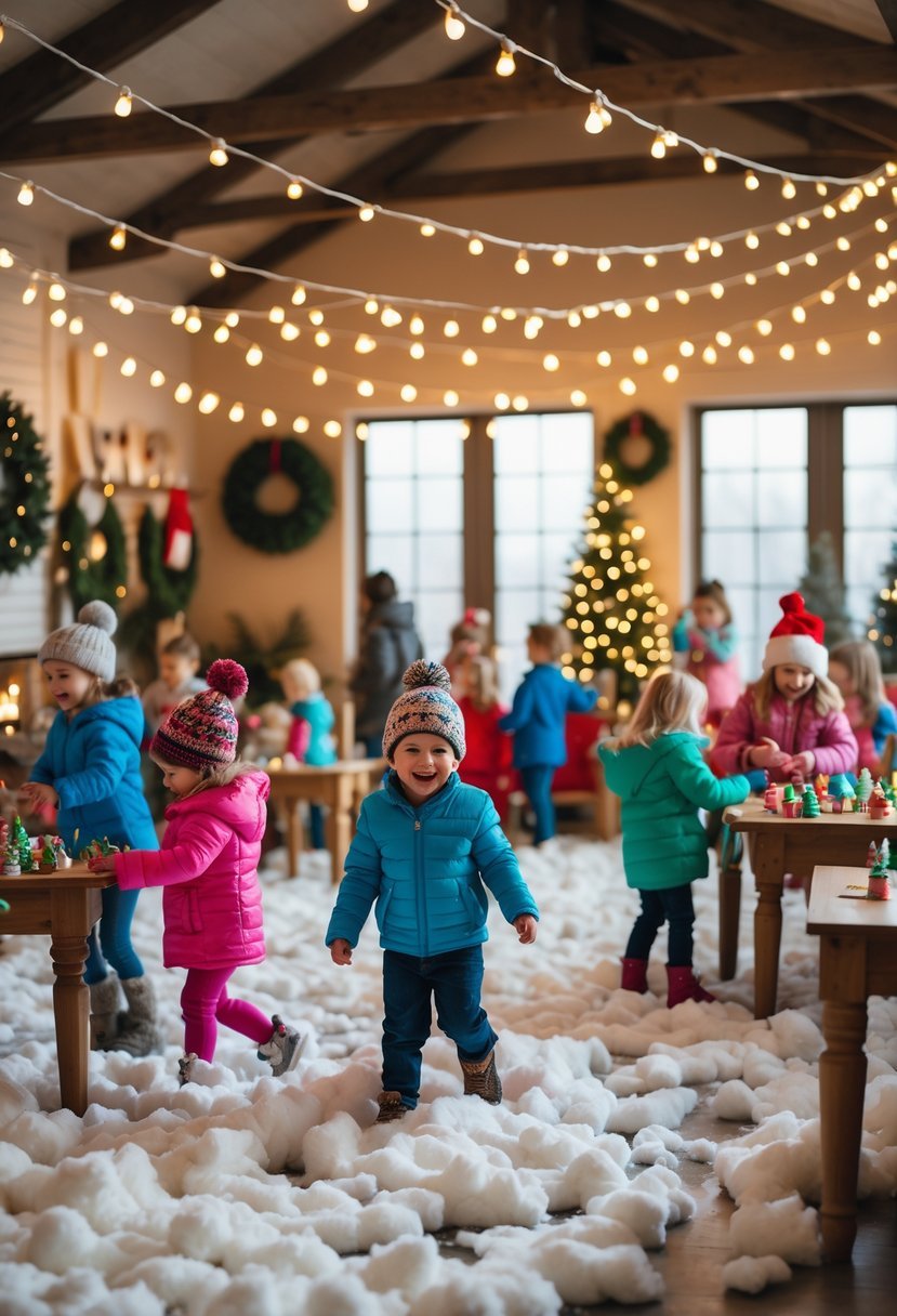 Children enjoying a festive indoor winter party with cotton batting snow and string lights.