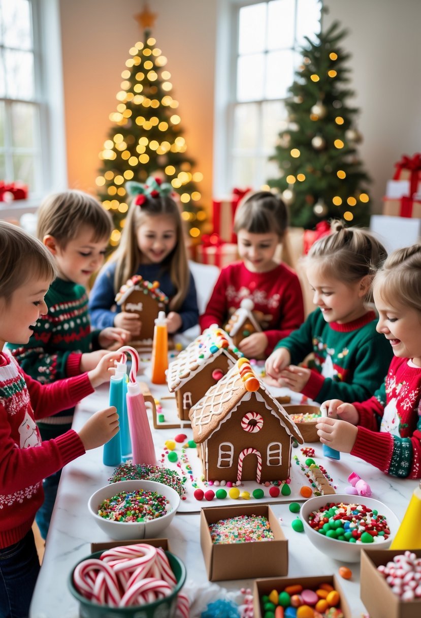 Children decorating gingerbread houses at a table with Christmas decorations in the background.