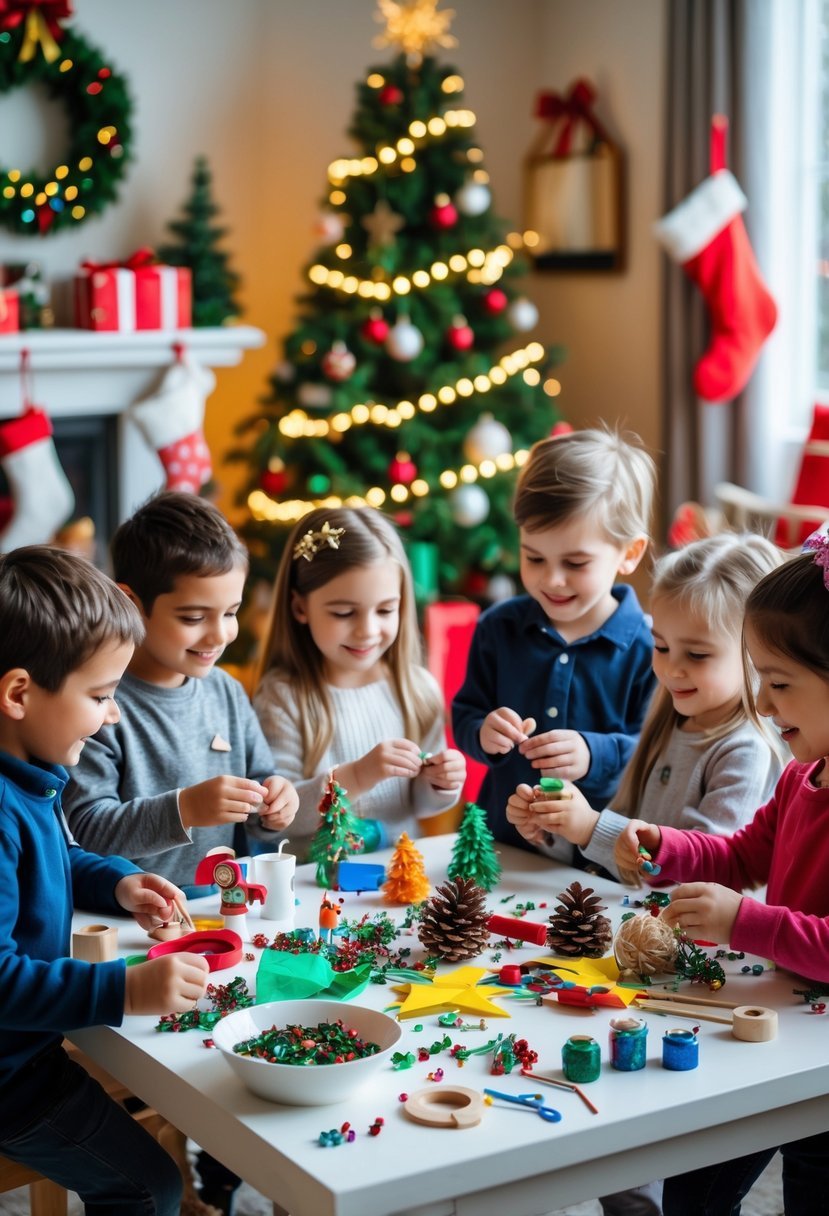 Children making Christmas ornaments at a decorated table during a festive holiday party.