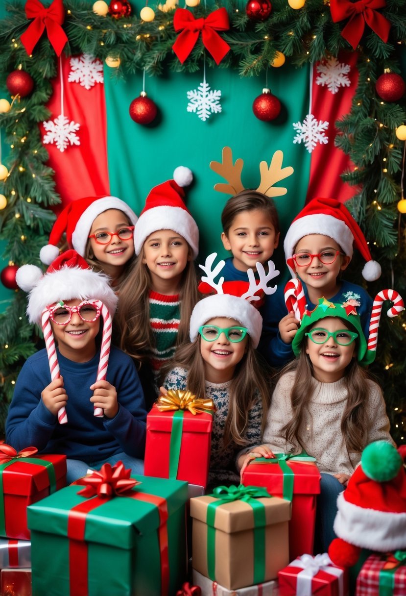 Children wearing holiday hats and holding Christmas props in a decorated photo booth with festive lights and ornaments.