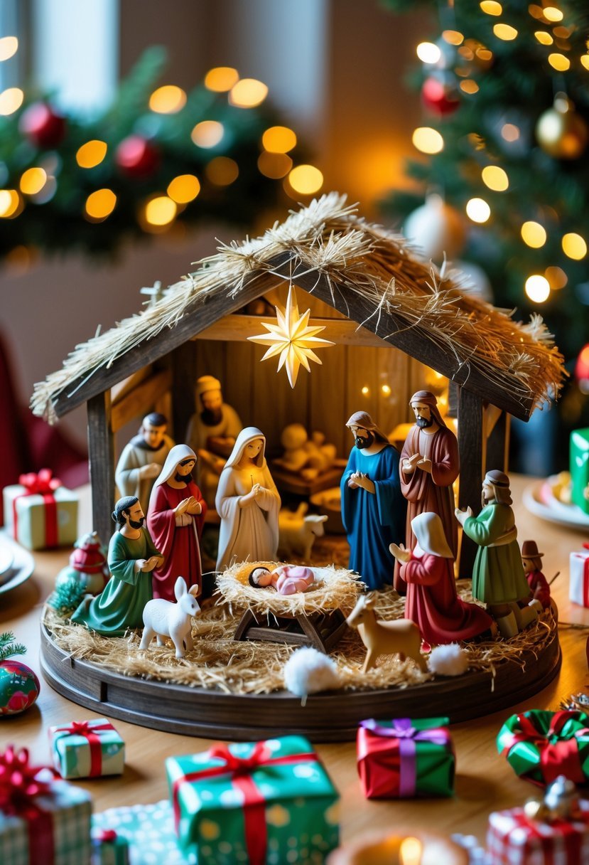 A detailed 3D Nativity scene with figurines of Mary, Joseph, baby Jesus, shepherds, wise men, and animals inside a stable, surrounded by Christmas decorations and children's party crafts on a table.