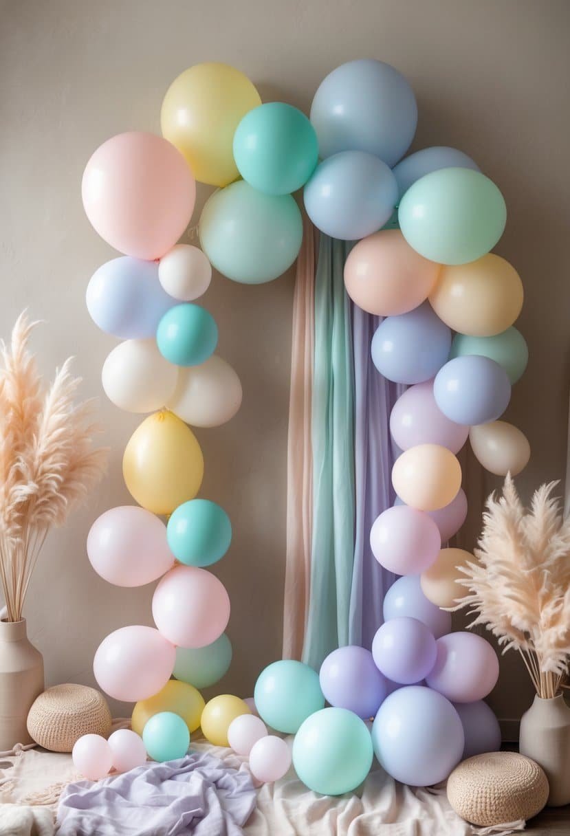 A pastel-colored rainbow balloon garland decorated with dried flowers and pampas grass against a neutral background.