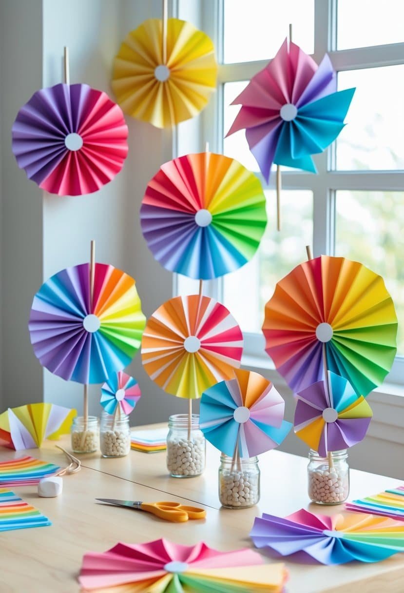 A table decorated with colorful rainbow paper fans and pinwheels arranged for a baby shower celebration.