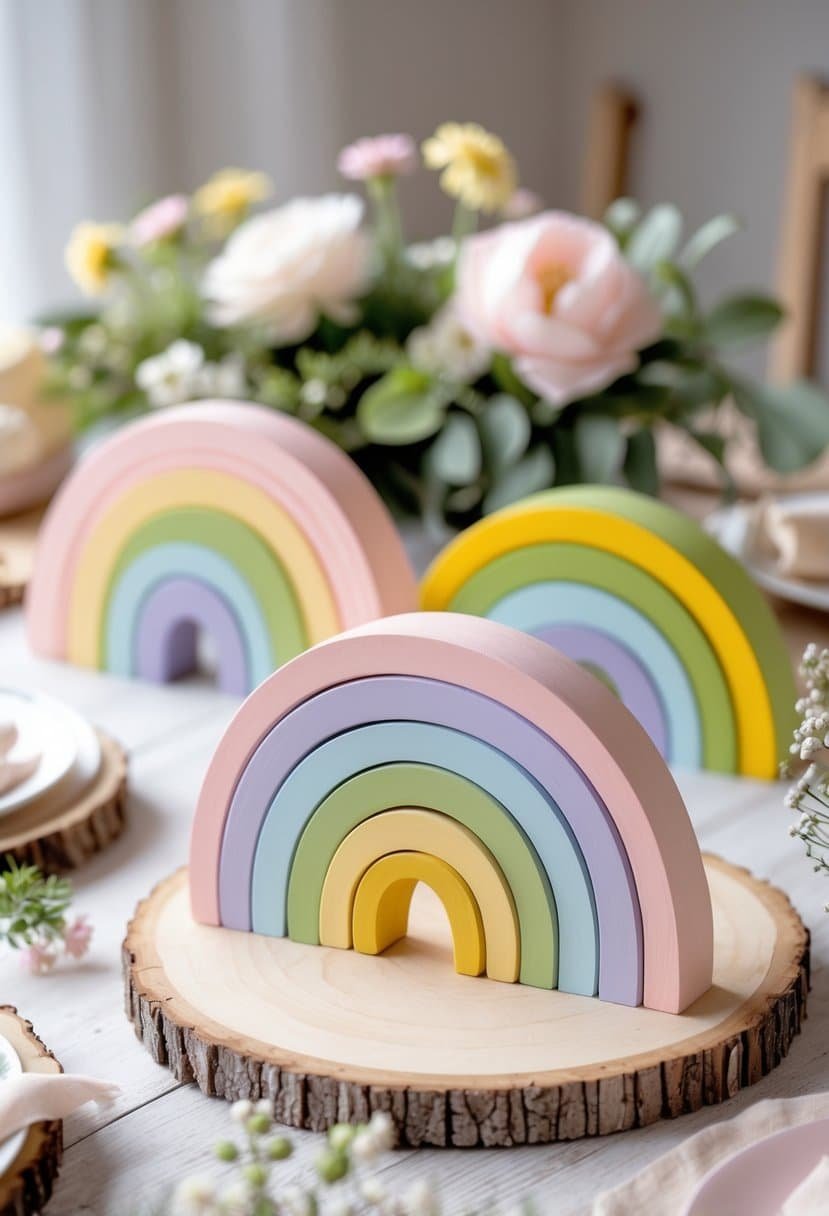Hand-painted wooden rainbow centerpieces displayed on a table with baby shower decorations.