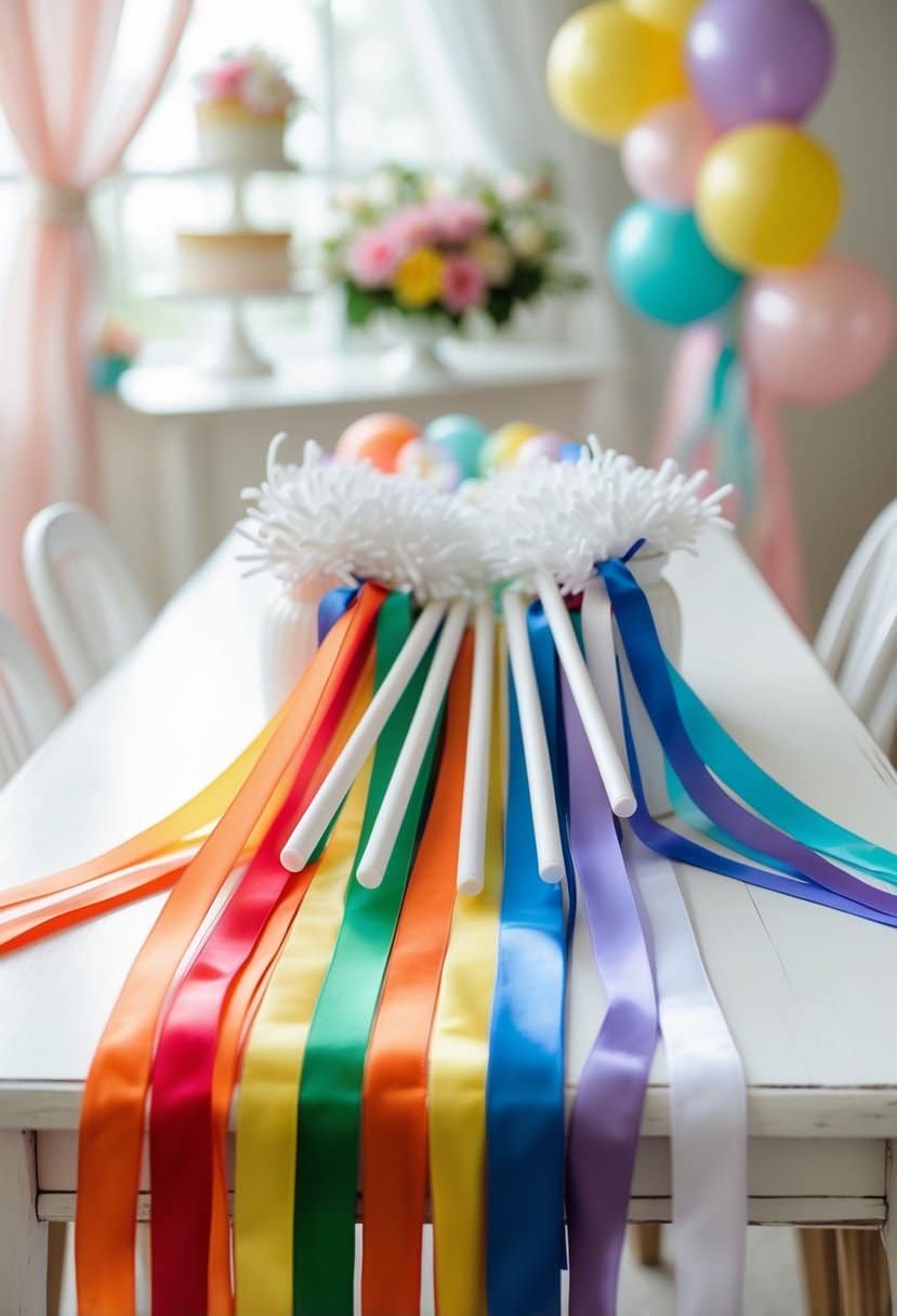 Colorful rainbow ribbon wands arranged on a white table with soft pastel decorations in the background.