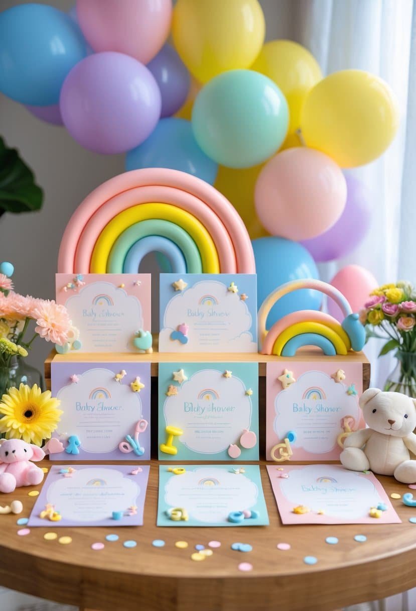 A table with colorful rainbow-themed baby shower invitations surrounded by balloons, confetti, plush toys, and flowers.