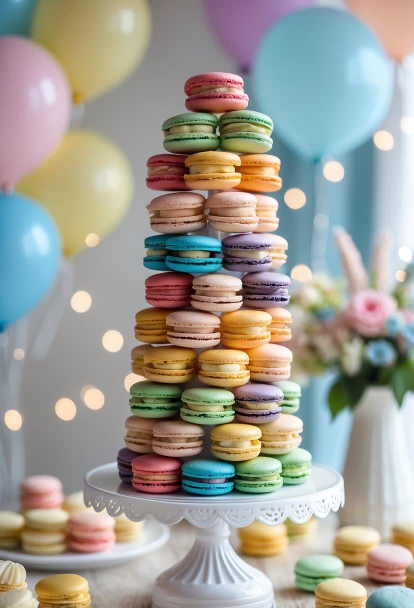 A colorful tower of rainbow macarons displayed on a white stand with baby shower decorations in the background.