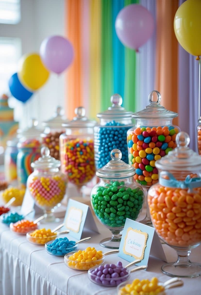 A colorful candy buffet with clear jars filled with rainbow-colored candies arranged on a table for a baby shower.