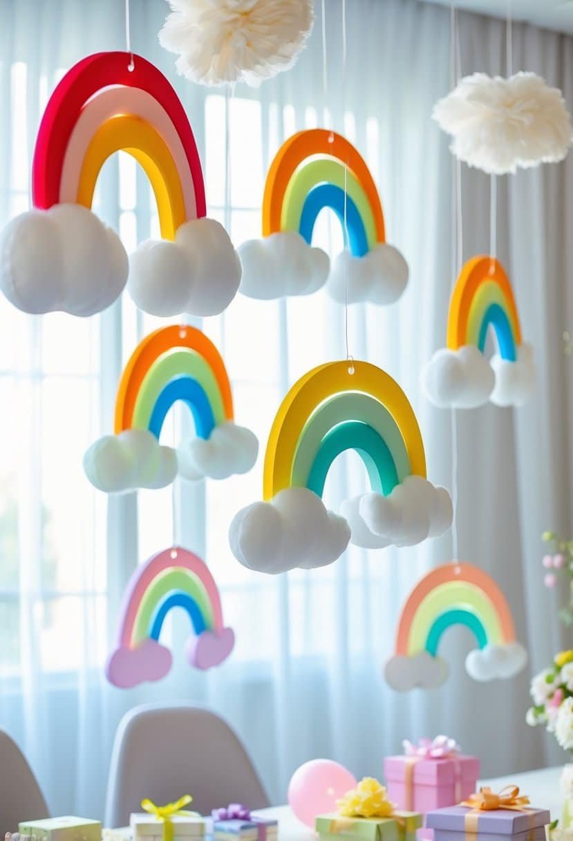 Hanging cloud and rainbow decorations in pastel colors at a baby shower celebration indoors.
