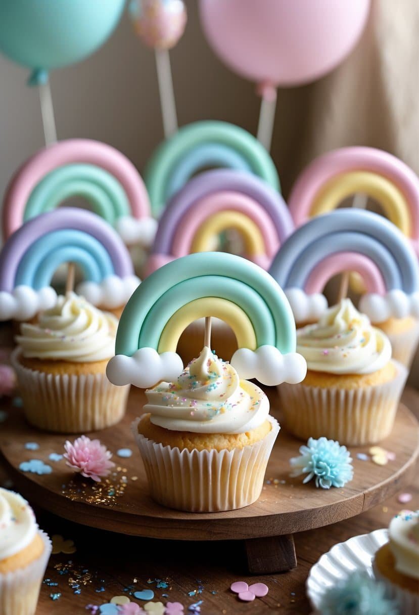 Cupcakes with pastel rainbow toppers arranged on a wooden table with baby shower decorations.