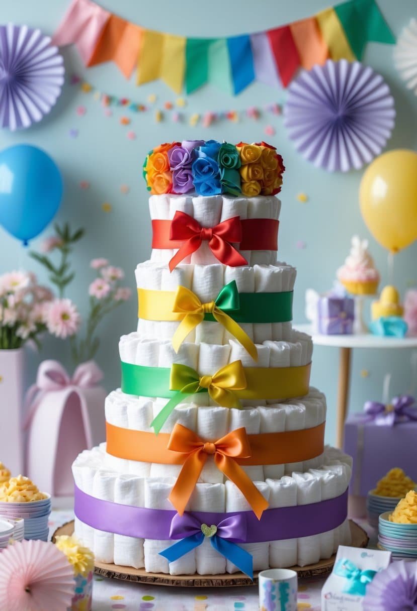 A multi-tiered rainbow colored diaper cake surrounded by baby shower decorations.