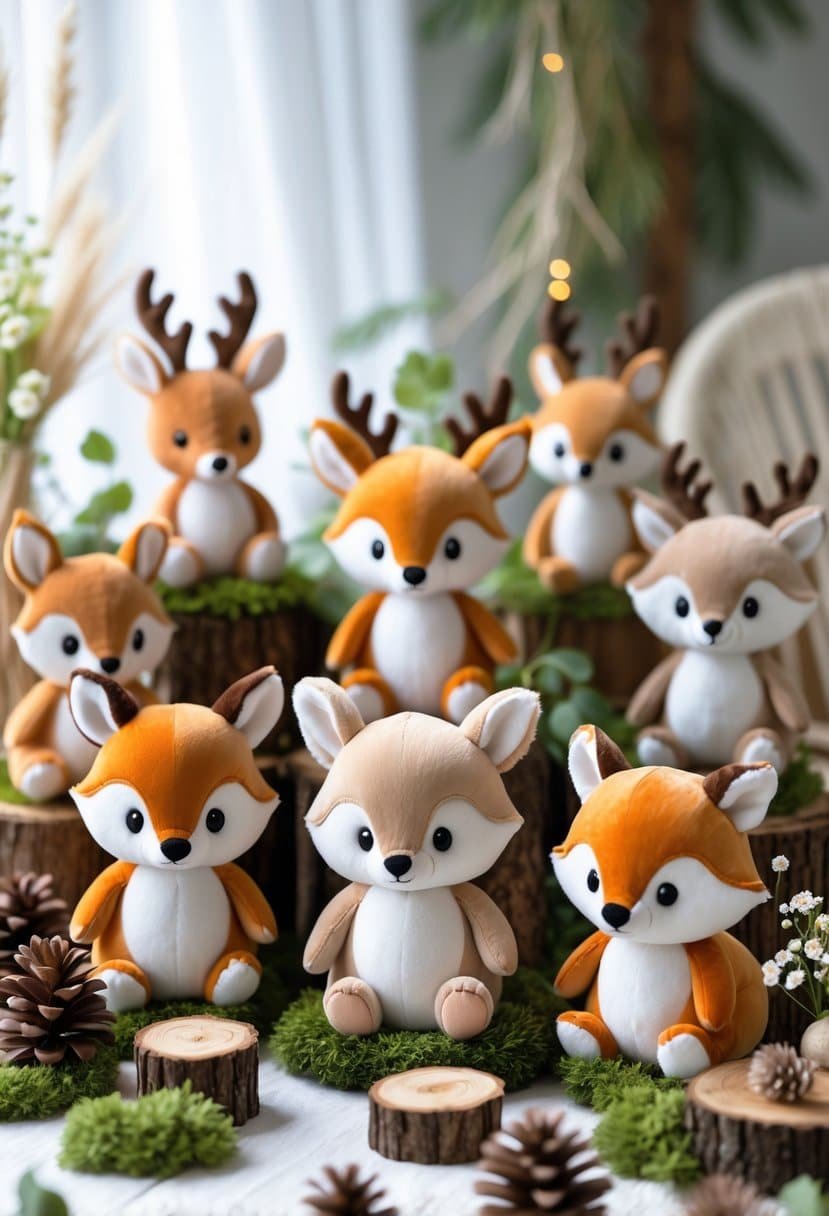 A table displaying 15 plush woodland animal toys, including baby deer, foxes, rabbits, and squirrels, decorated with natural elements like pine cones and flowers.
