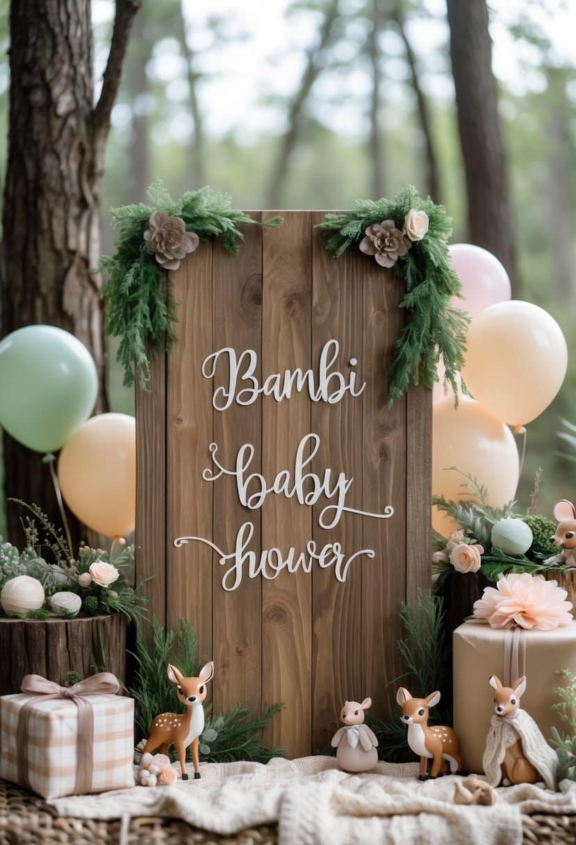 Rustic wooden sign surrounded by woodland-themed baby shower decorations including animal figurines, greenery, and pastel balloons.