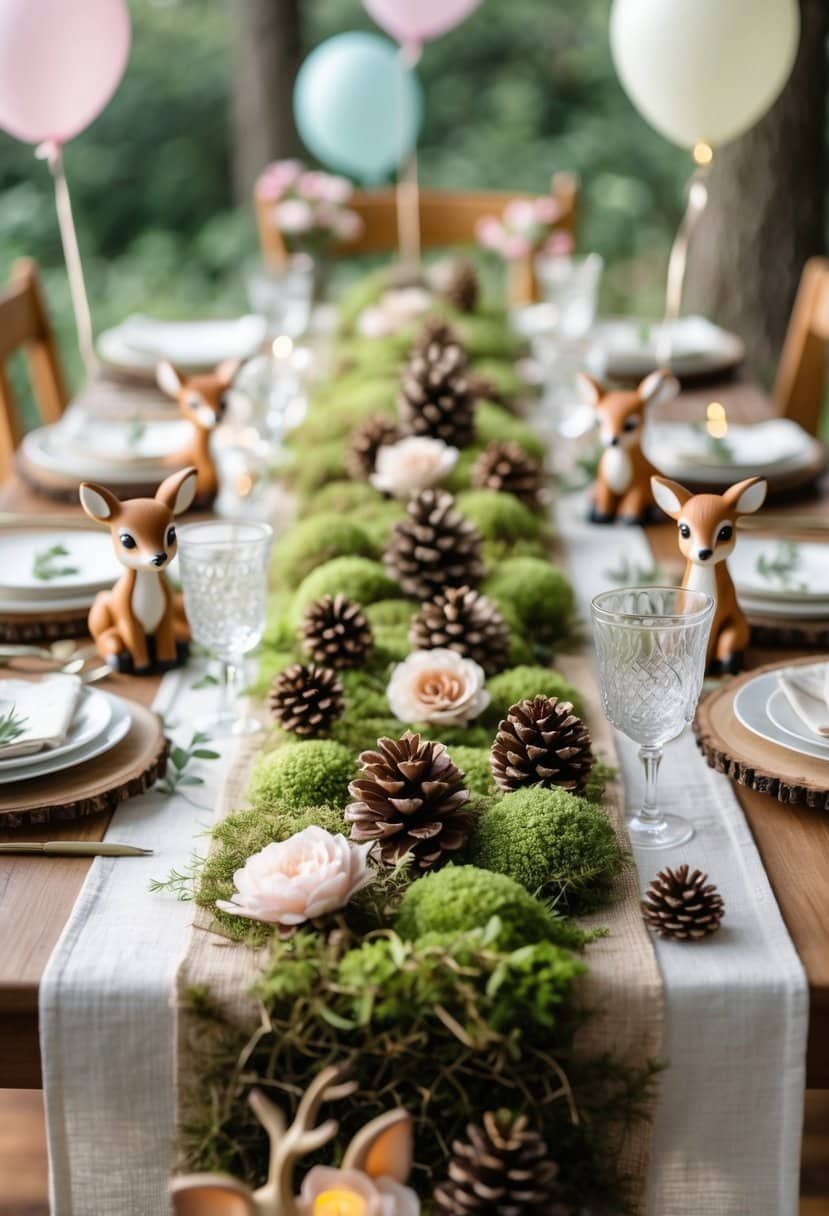 A baby shower table decorated with moss and pinecone runners, small deer figurines, and soft pastel decorations.