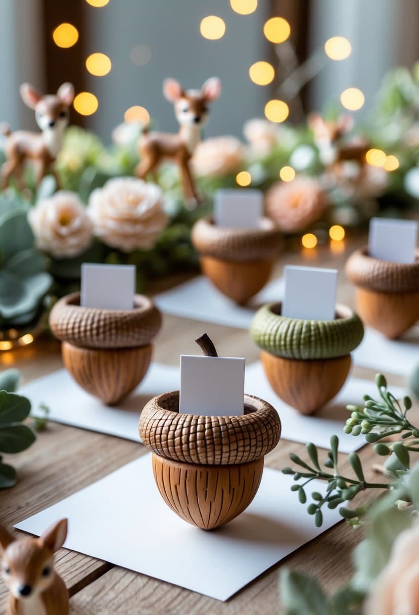 Miniature acorn place card holders arranged on a table with baby deer figurines and baby shower decorations.