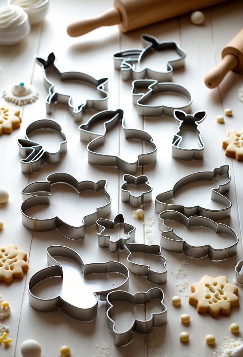 A set of 15 Bambi silhouette cookie cutters arranged on a wooden surface with baking accessories nearby.