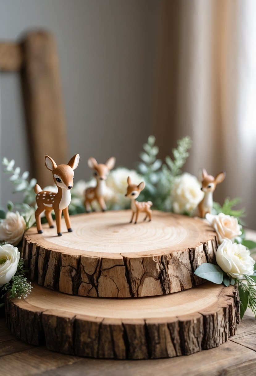 A natural wood slice cake stand on a wooden table surrounded by baby shower decorations including baby deer figurines and soft floral accents.