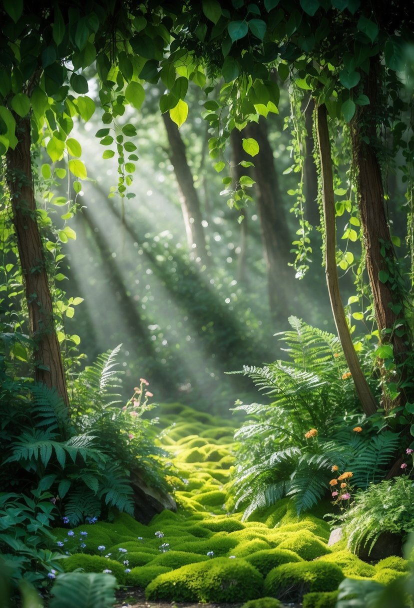 A lush green forest scene with sunlight filtering through trees and soft moss covering the ground.