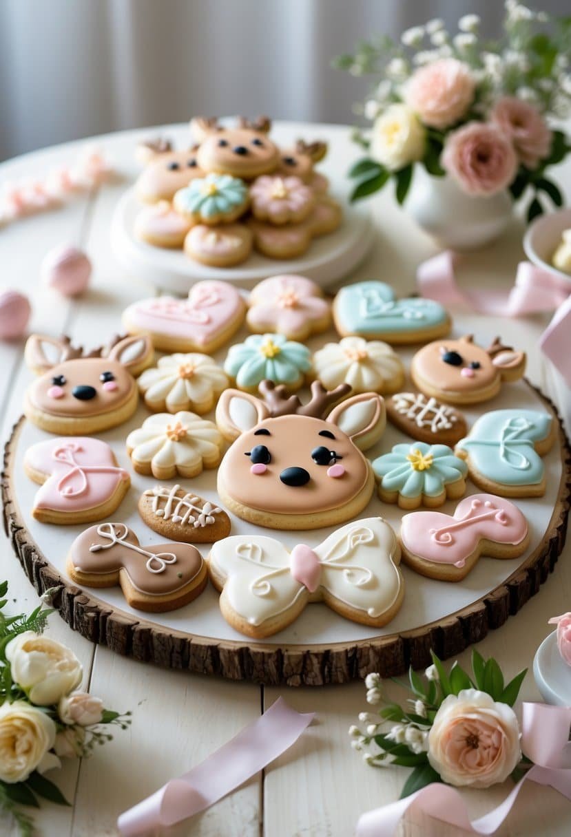 A platter of decorated Bambi-shaped sugar cookies on a table with baby shower decorations.