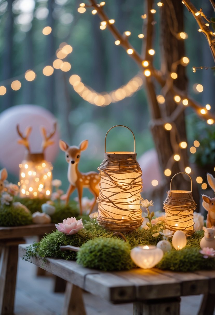 A baby shower setup with twig lanterns wrapped in fairy lights, decorated with baby deer figurines and natural elements on wooden tables.