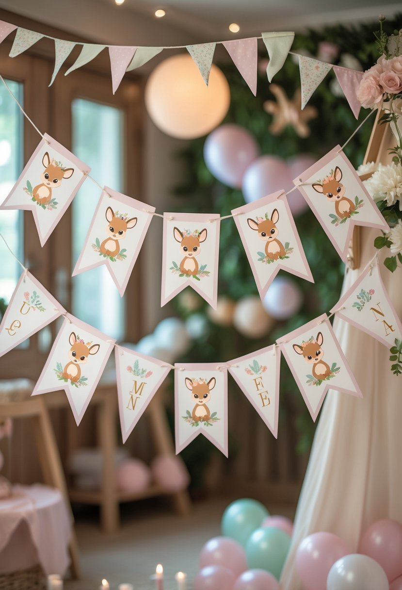 A personalized baby name bunting with Bambi-themed decorations hanging in a room set up for a baby shower.