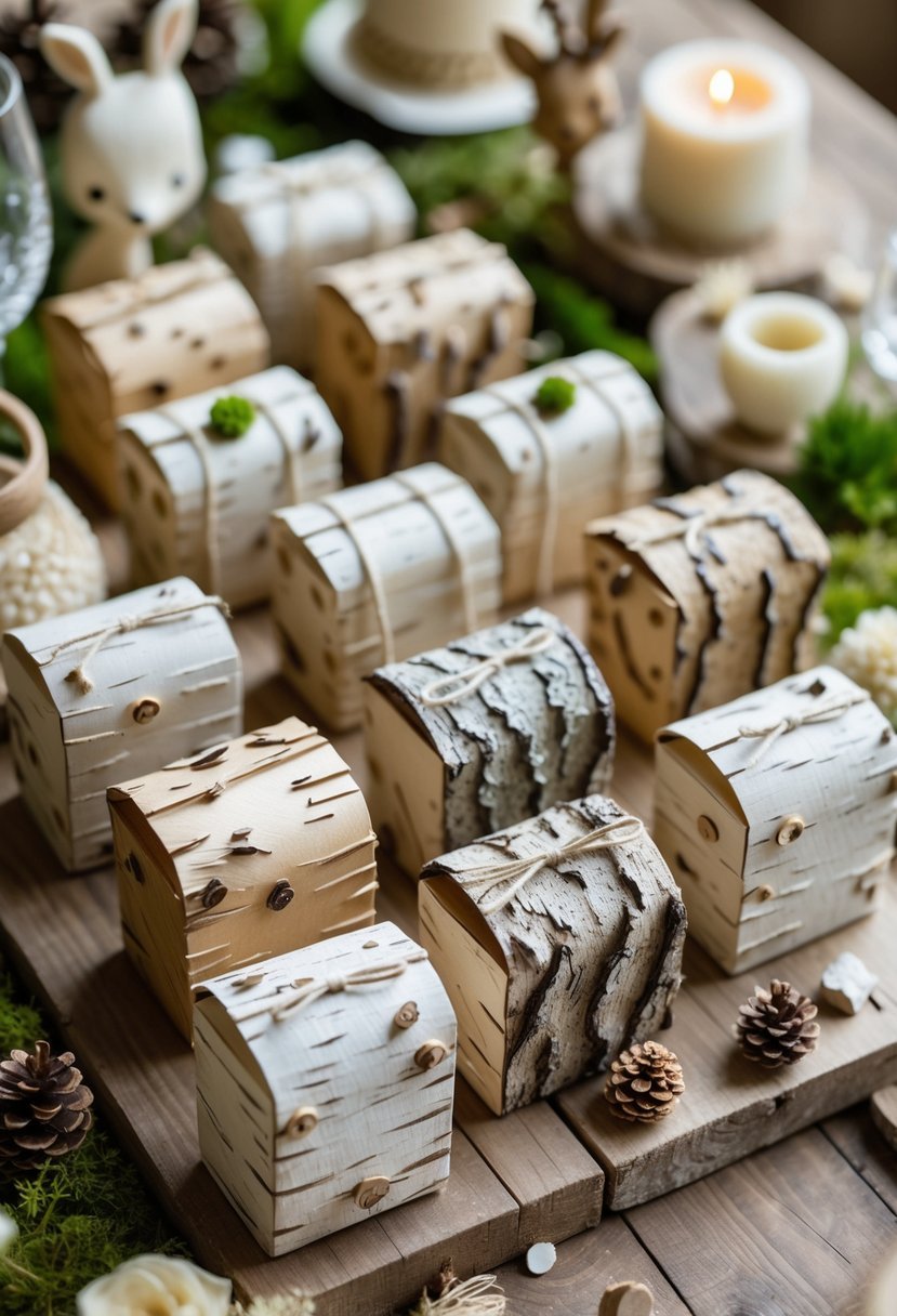 A collection of birch bark favor boxes arranged on a wooden table with baby deer figurines and natural decorations for a baby shower.