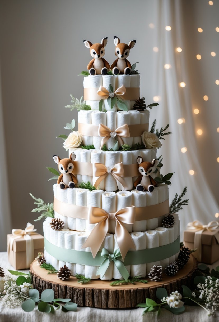 A multi-tiered diaper cake decorated with Bambi figurines, ribbons, and woodland-themed decorations on a wooden table.