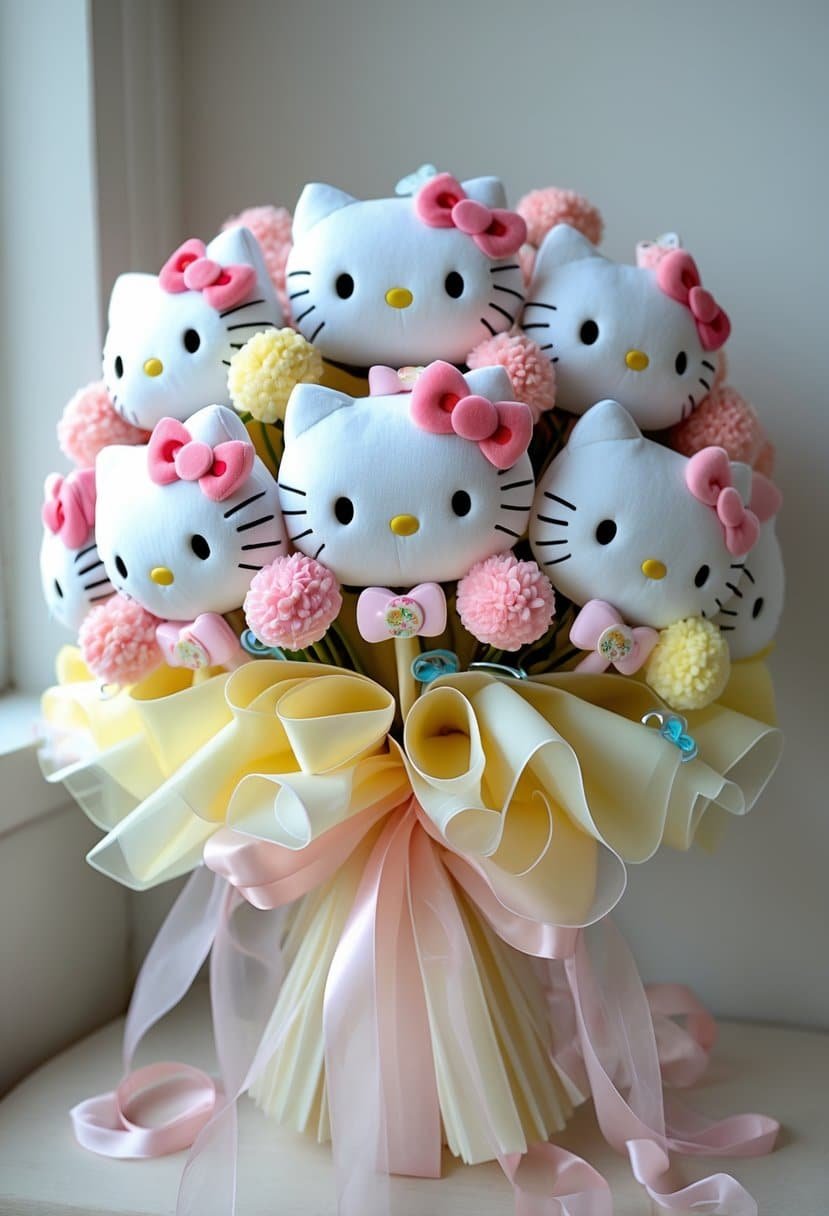 A bouquet made of Hello Kitty plush toys arranged like flowers for a baby shower.