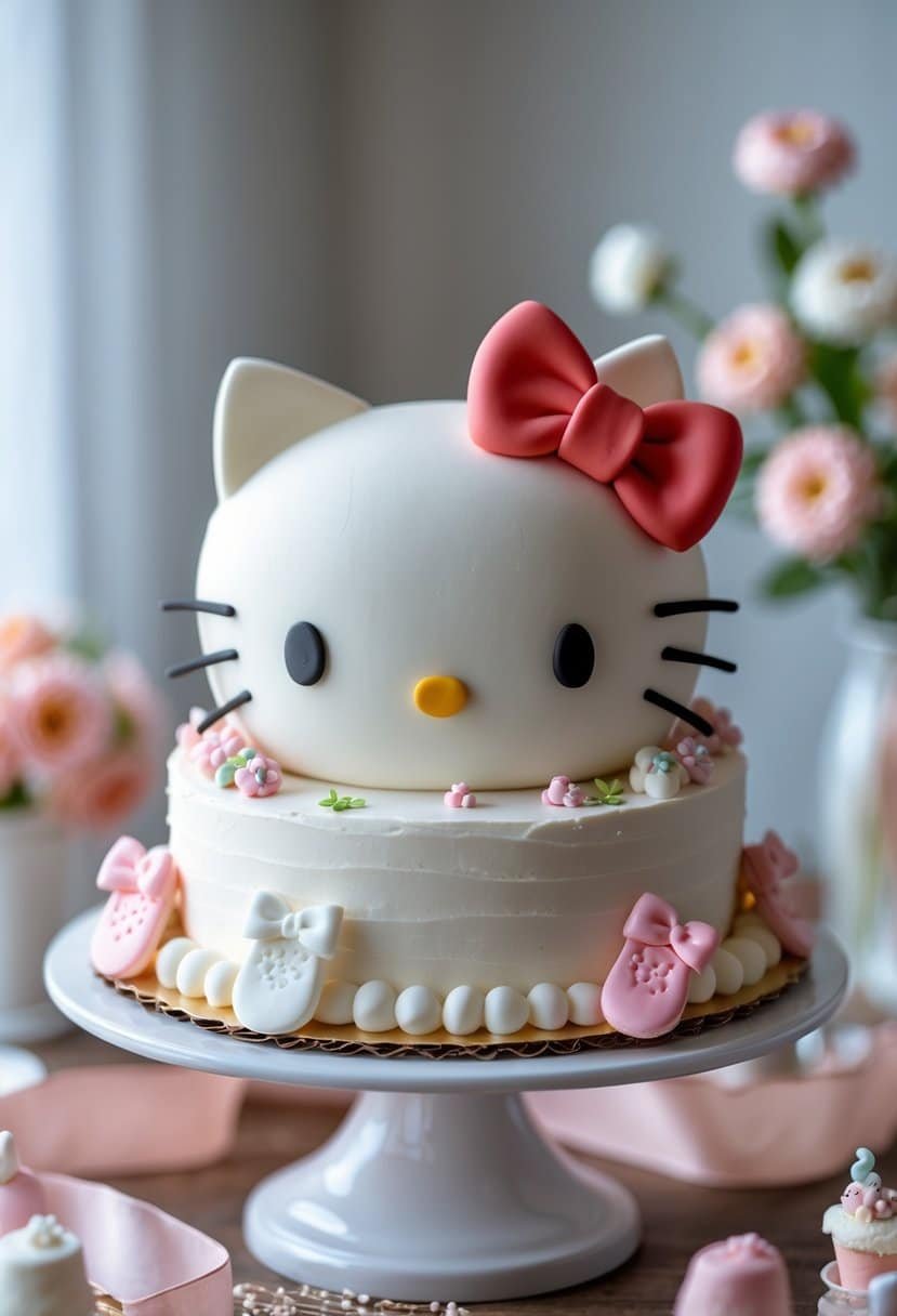 A white Hello Kitty themed cake with a red bow, decorated for a baby shower with pastel pink and white accents on a wooden table.