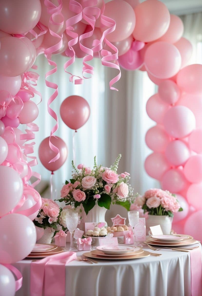 A baby shower setup decorated with pink ribbons, balloons, and flowers on a table.