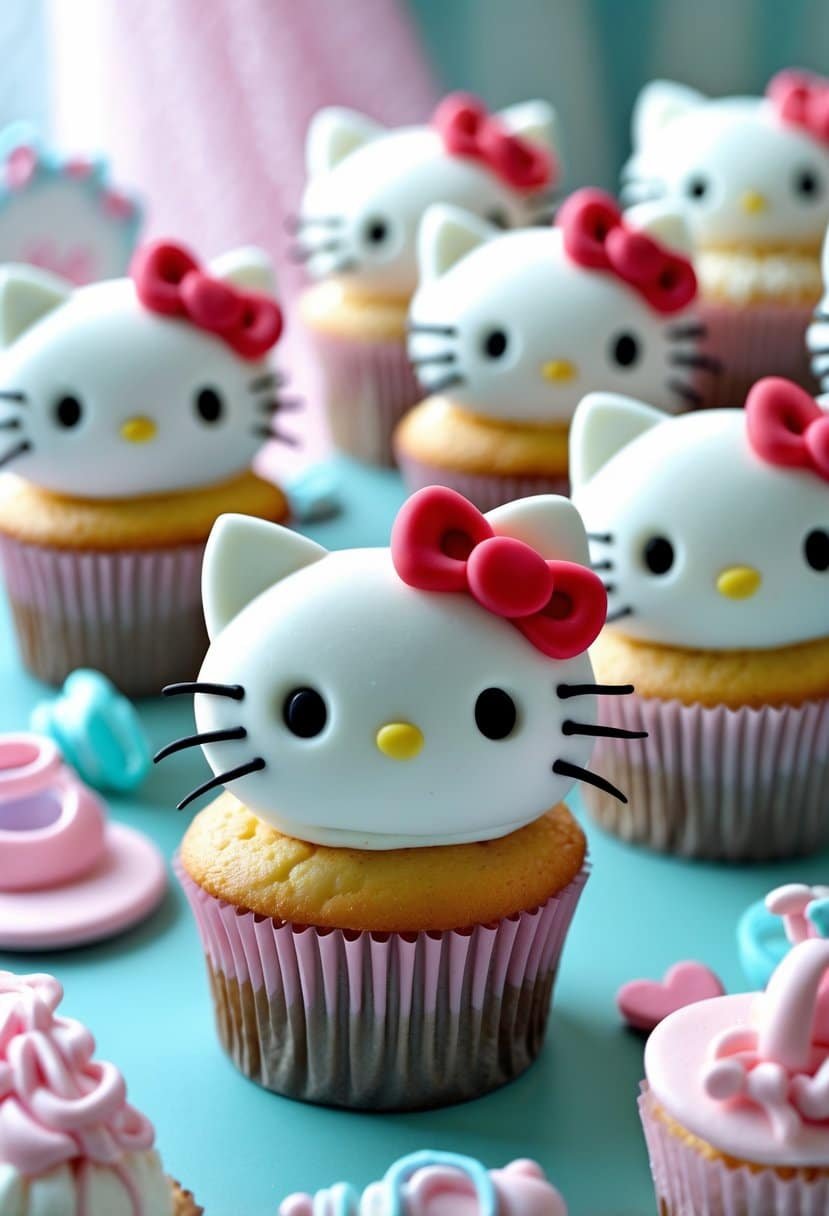Cupcakes decorated with Hello Kitty fondant faces and baby shower themed decorations on a pastel table.