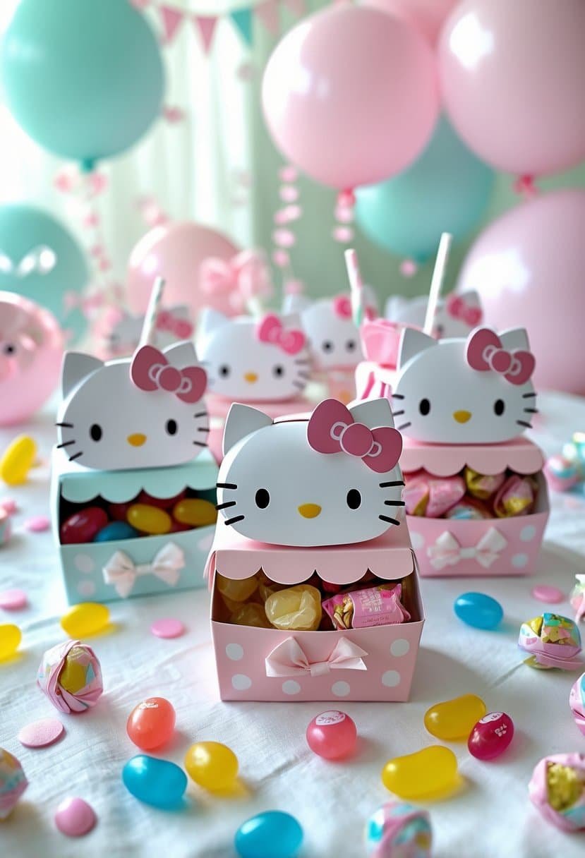 Hello Kitty-themed favor boxes filled with colorful candy arranged on a table with baby shower decorations.