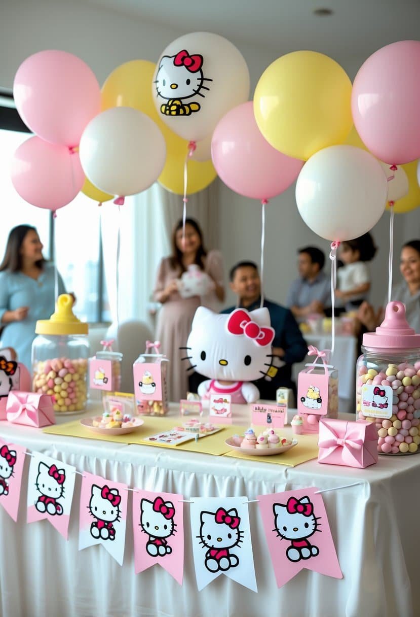 A decorated baby shower table with Hello Kitty-themed decorations, games, and prizes in a bright and festive room.