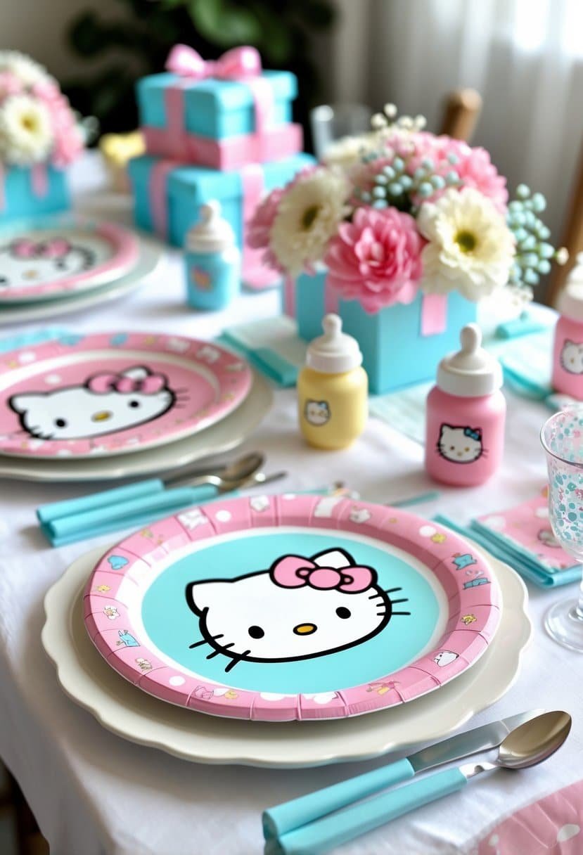 A baby shower table with Hello Kitty themed napkins and plates, decorated with flowers and baby shower items.