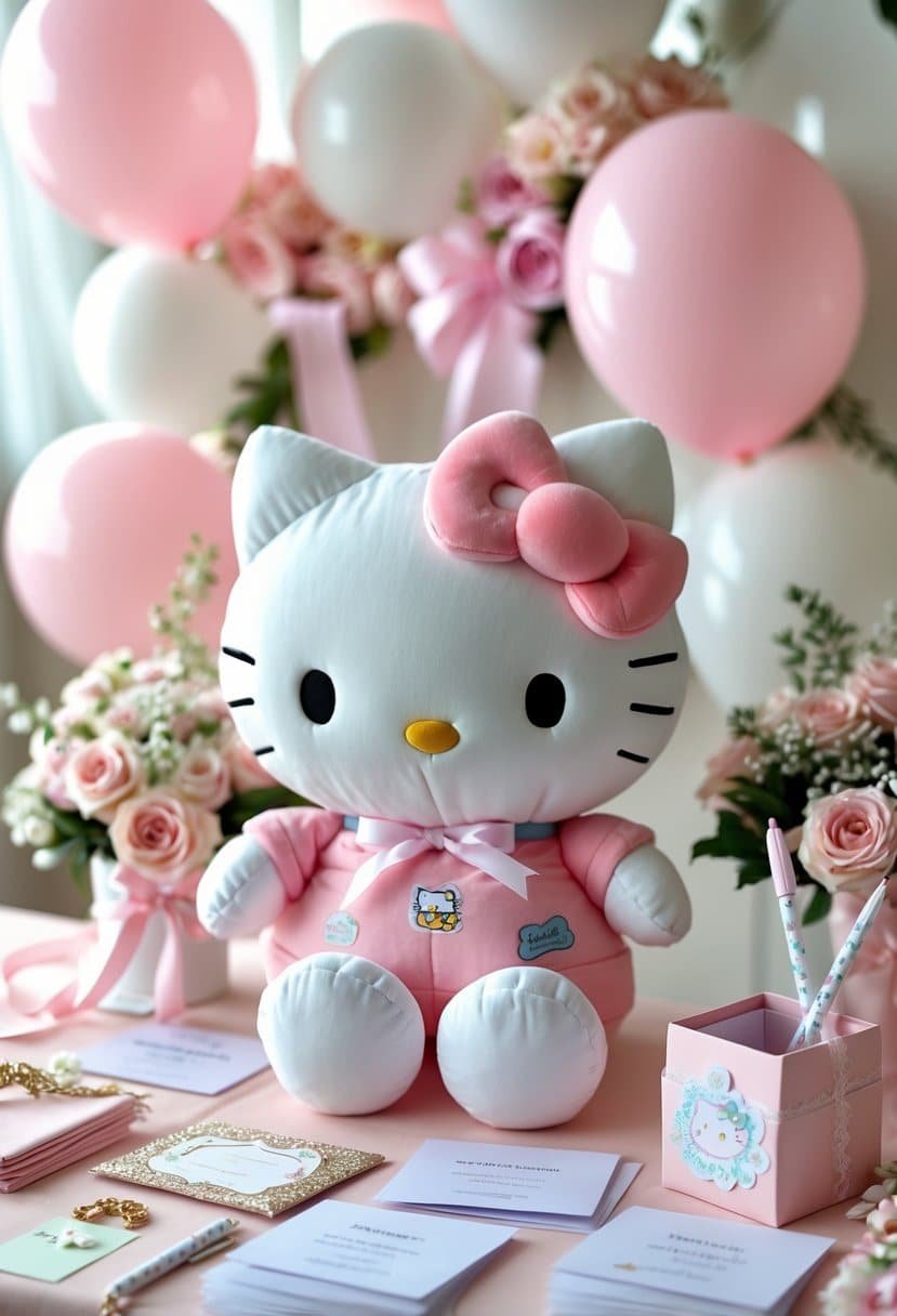 A Hello Kitty plush toy on a decorated baby shower table with guestbook cards, pens, balloons, and flowers.