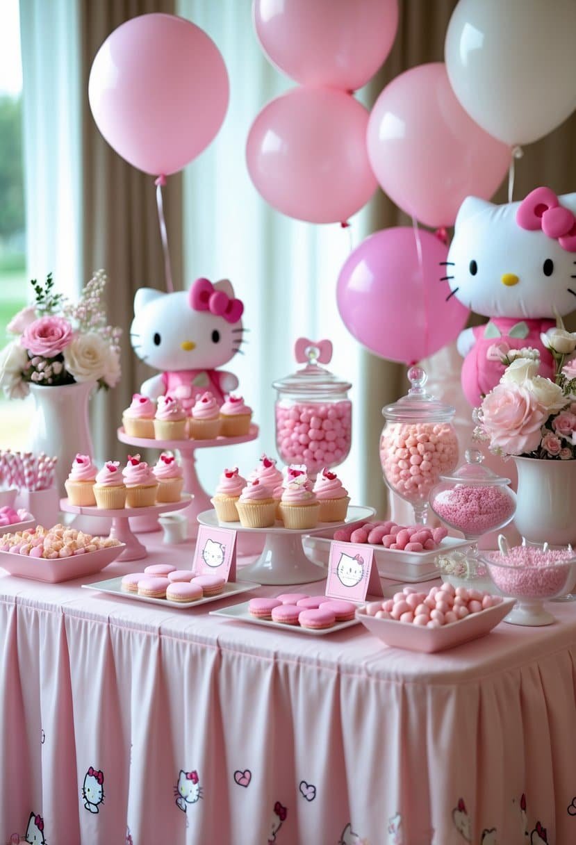 A baby shower snack table decorated with pink Hello Kitty themed treats, balloons, and plush toys.